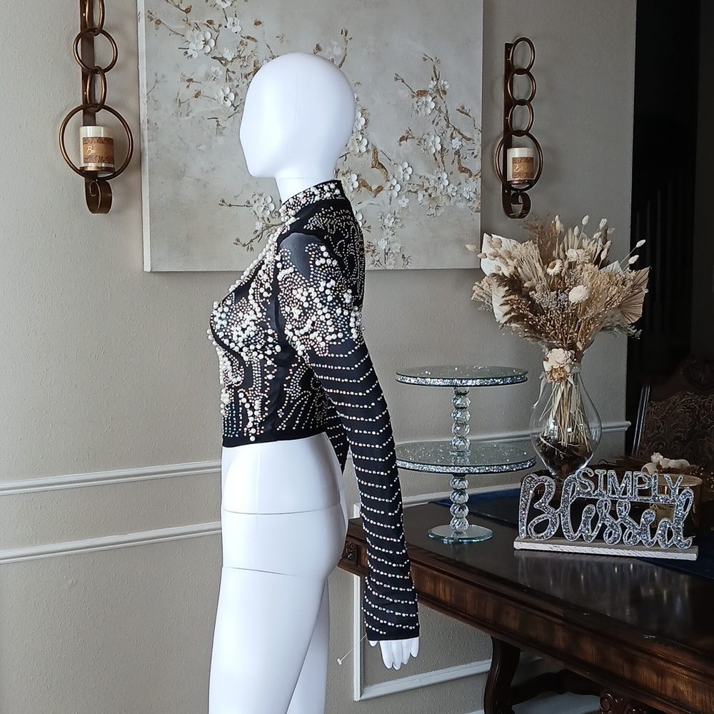 Banjul Black Beaded Long-Sleeve Crop Sheer Cocktail Mock Neck Top. Size M - Picture 11 of 17
